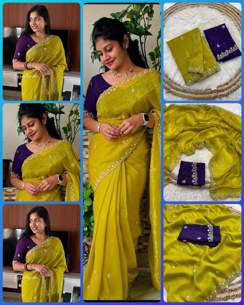 New Launching satin chiffon crush silk with beautiful embroidery work saree