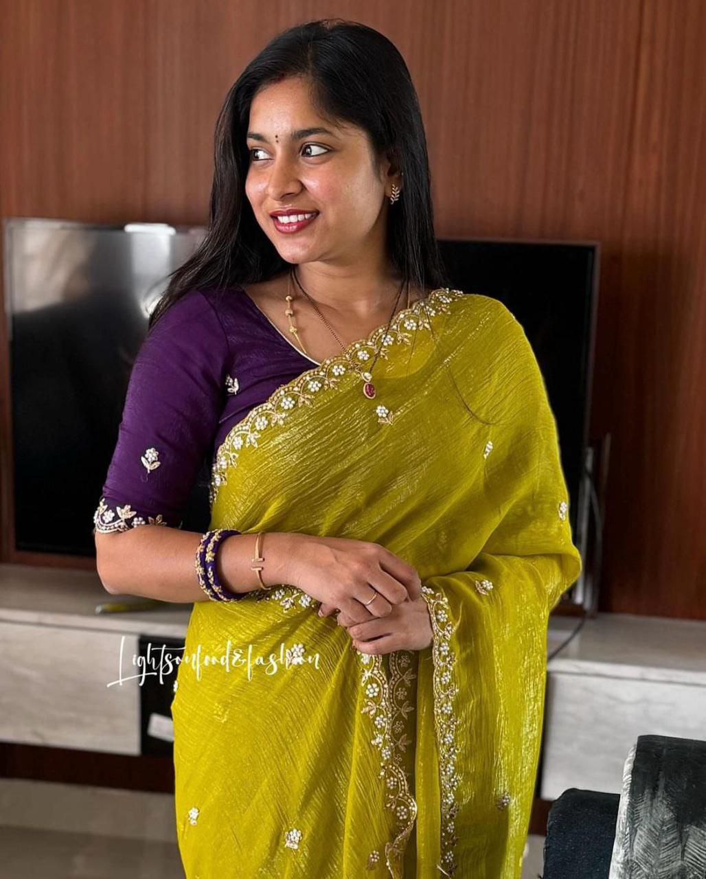 New Launching satin chiffon crush silk with beautiful embroidery work saree