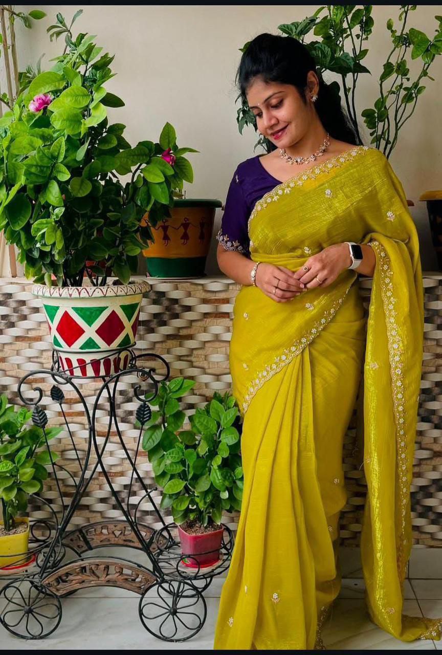 New Launching satin chiffon crush silk with beautiful embroidery work saree