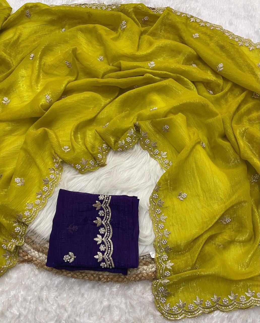 New Launching satin chiffon crush silk with beautiful embroidery work saree