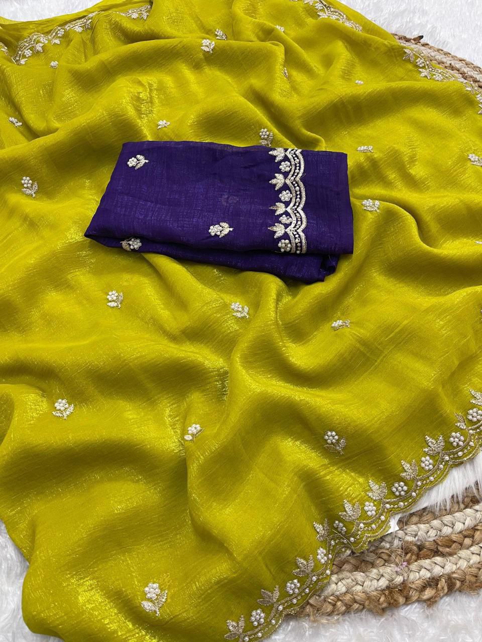 New Launching satin chiffon crush silk with beautiful embroidery work saree