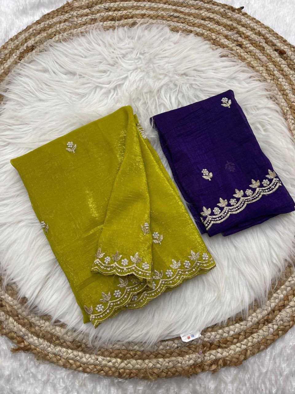 New Launching satin chiffon crush silk with beautiful embroidery work saree