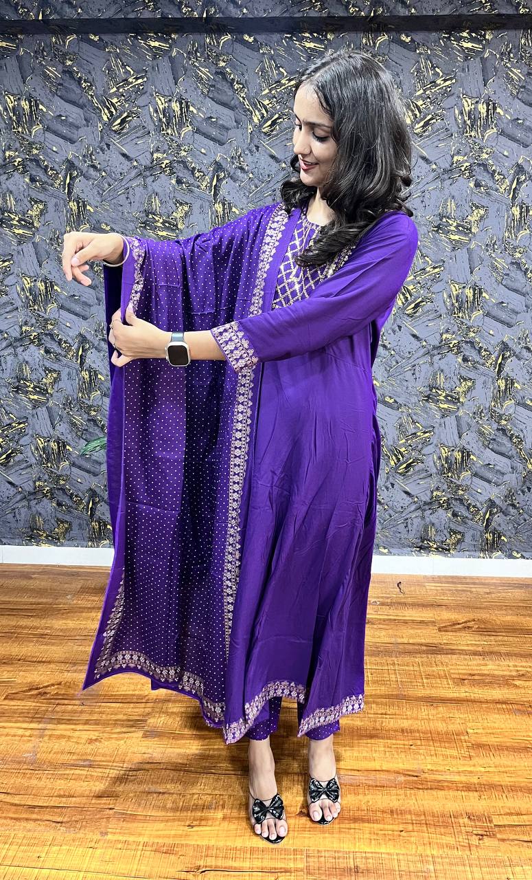 New Premium Beautiful Printed Designer Rayon Traditional Kurti With Pant And Dupatta Set Embroidery Work