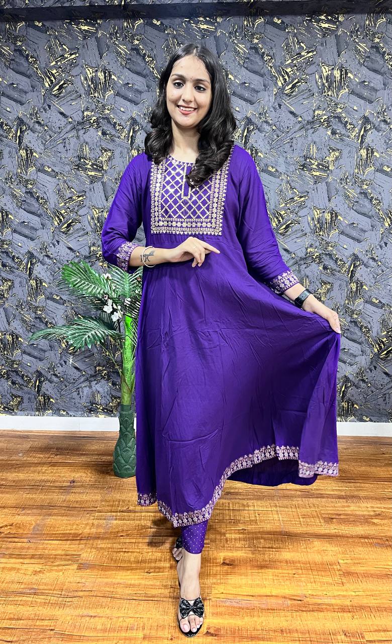 New Premium Beautiful Printed Designer Rayon Traditional Kurti With Pant And Dupatta Set Embroidery Work