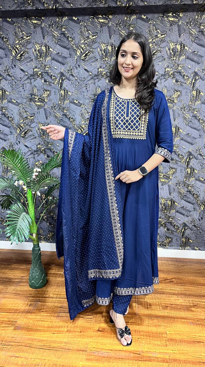 New Premium Beautiful Printed Designer Rayon Traditional Kurti With Pant And Dupatta Set Embroidery Work