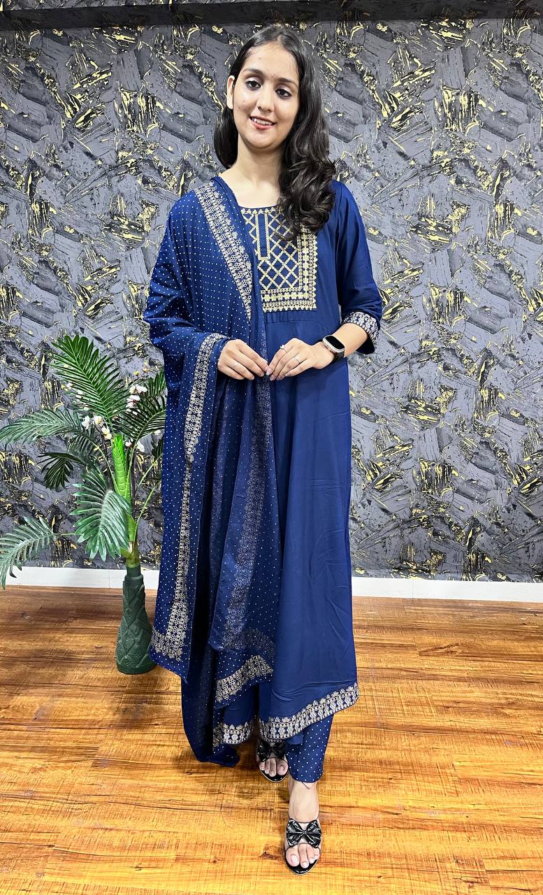 New Premium Beautiful Printed Designer Rayon Traditional Kurti With Pant And Dupatta Set Embroidery Work