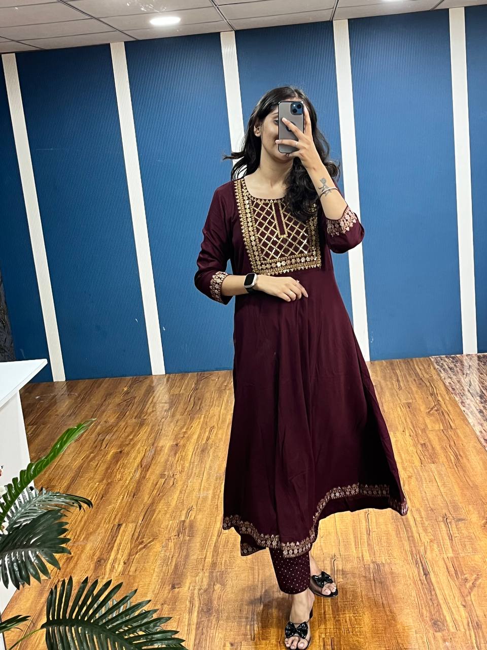 New Premium Beautiful Printed Designer Rayon Traditional Kurti With Pant And Dupatta Set Embroidery Work