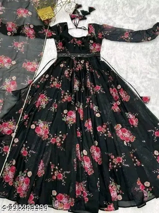 Latest Beautiful Black Floral Georgette Anarkali Gown Dupatta