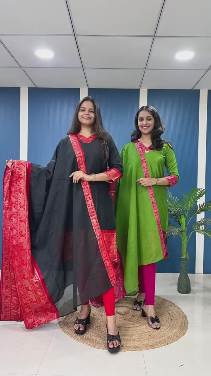 Silk Cotton Kurti and Dupatta Set with Intricate Weaving Work.