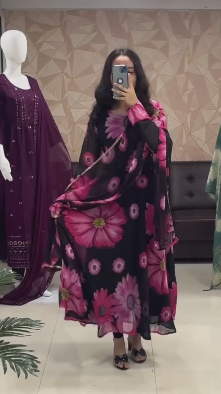 Sparkling Beautiful Multi color Flower Printed Georgette Anarkali Gown Dupatta