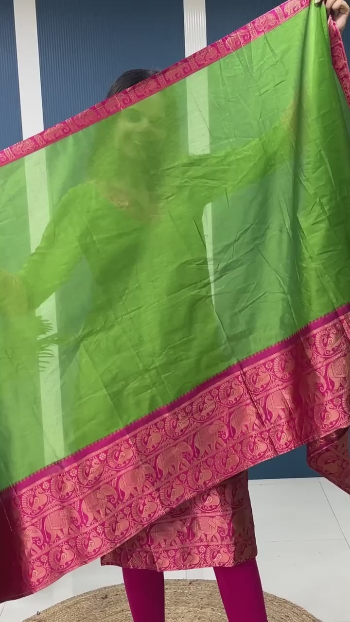 Fresh Light Green Cotton Kurta Set with Pink Tone Border – Graceful and Vibrant