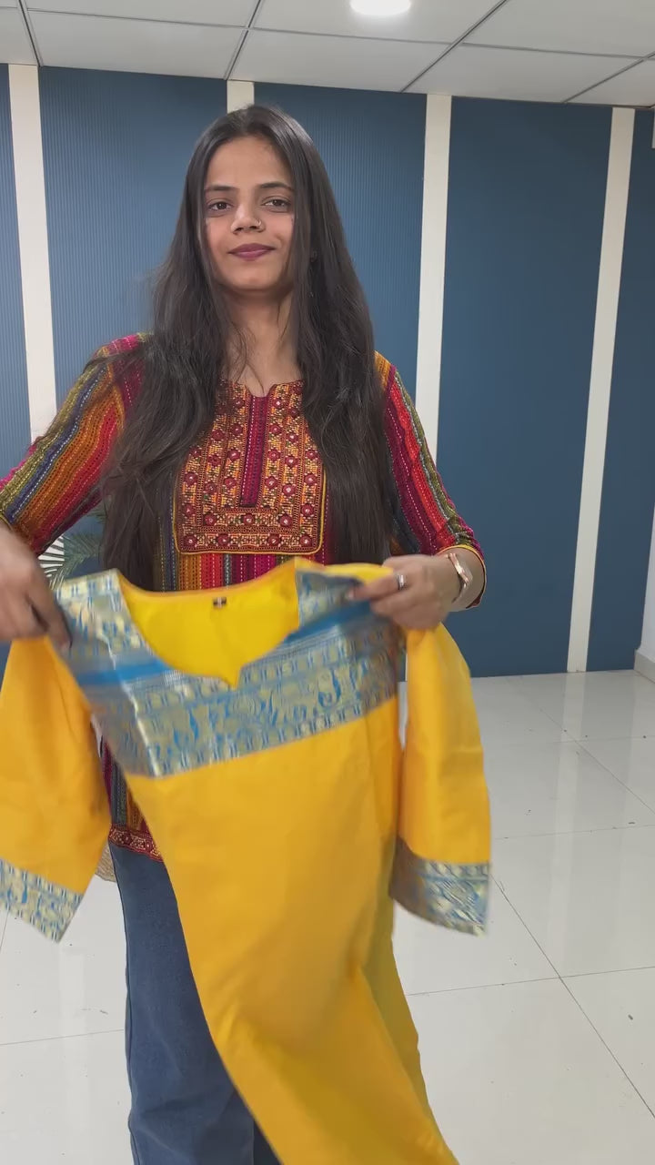 Sunny Yellow Cotton Kurta Set with Blue Border – Bold, Beautiful, and Timeless
