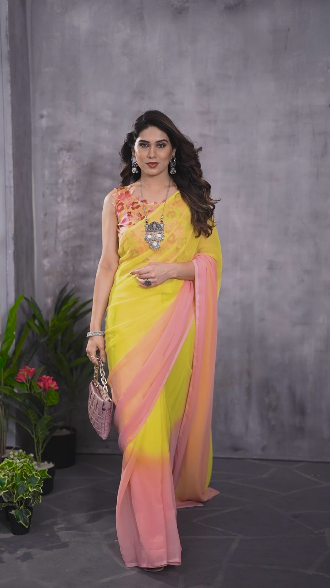 Ready to Wear Yellow Color Printed Georgette Saree with Lace