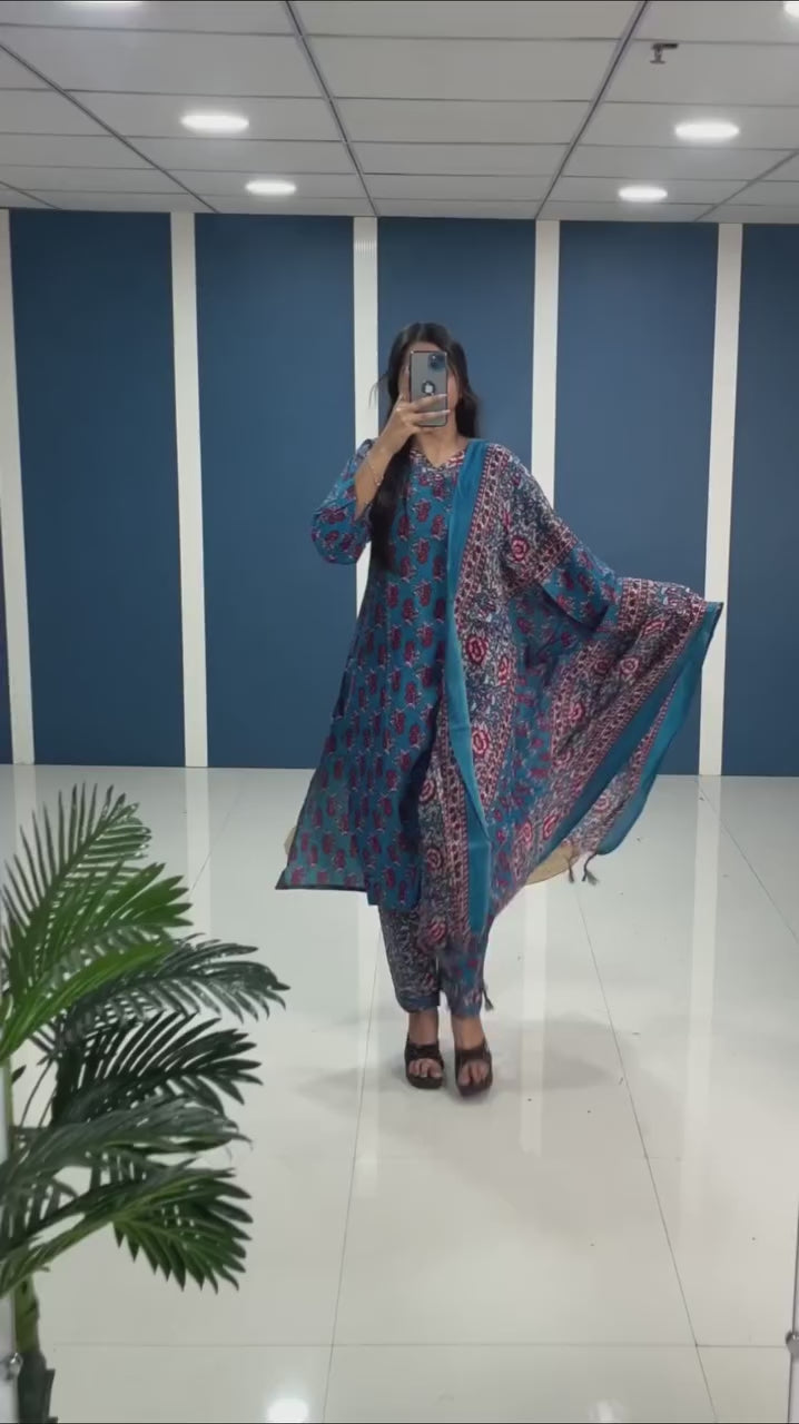 Ready to shine with Printed Kurti & Trouser with Dupatta!