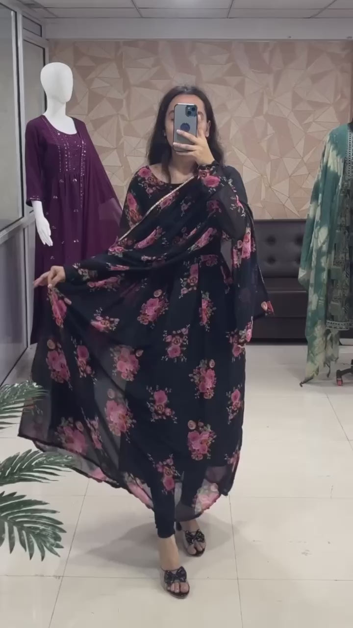 Latest Beautiful Black Floral Georgette Anarkali Gown Dupatta