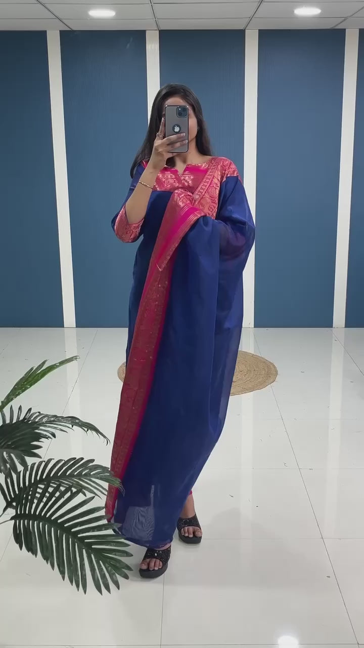 Classic Navy Blue Cotton Kurta Set with Pink Border – Timeless Elegance and Effortless Style.