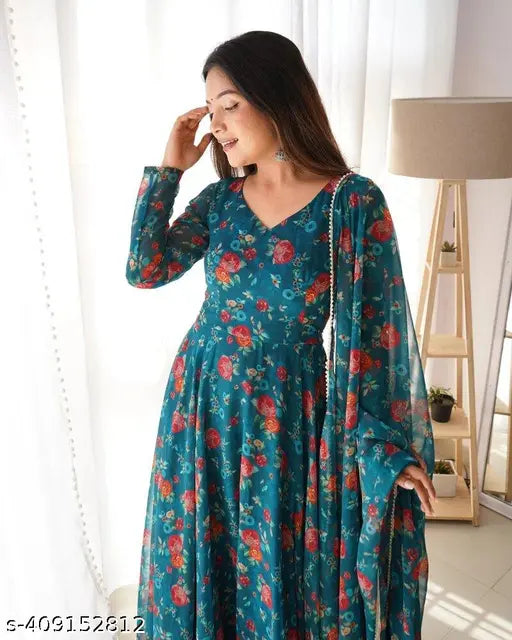 Awesome Looking Flower Printed Beautiful Multicolor Georgette Anarkali Gown Dupatta