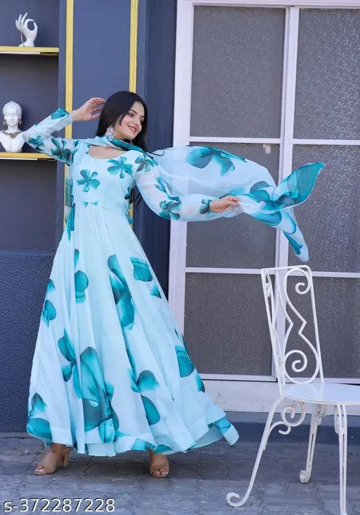 Shine with Trendy Floral Printed Georgette Anarkali Gown with Dupatta