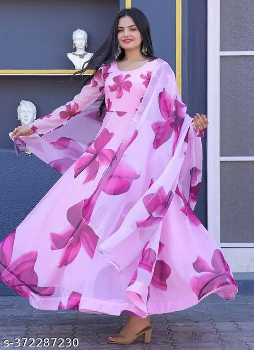 Shine with Trendy Floral Printed Georgette Anarkali Gown with Dupatta